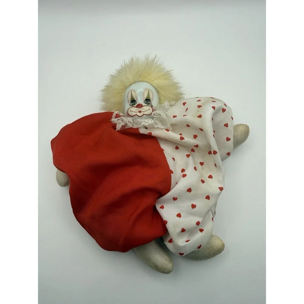 Vintage Porcelain Clown Doll 7” Red White Hearts Outfit Made in Thailand